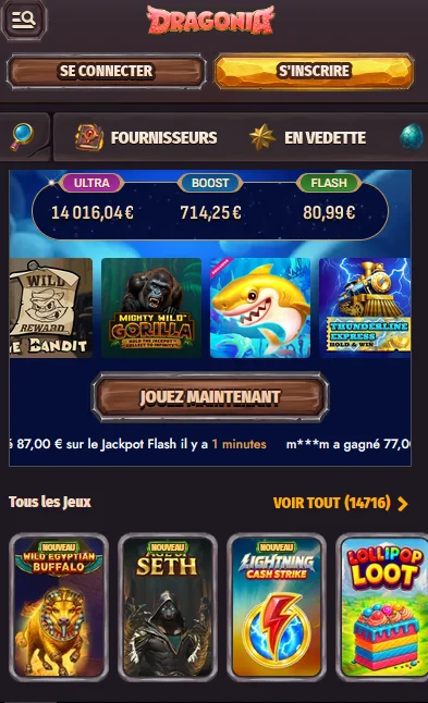 Page d'accueil mobile casino Dragonia jeux populaires