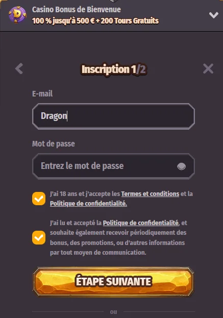 Formulaire d'inscription Dragonia étape email mot de passe